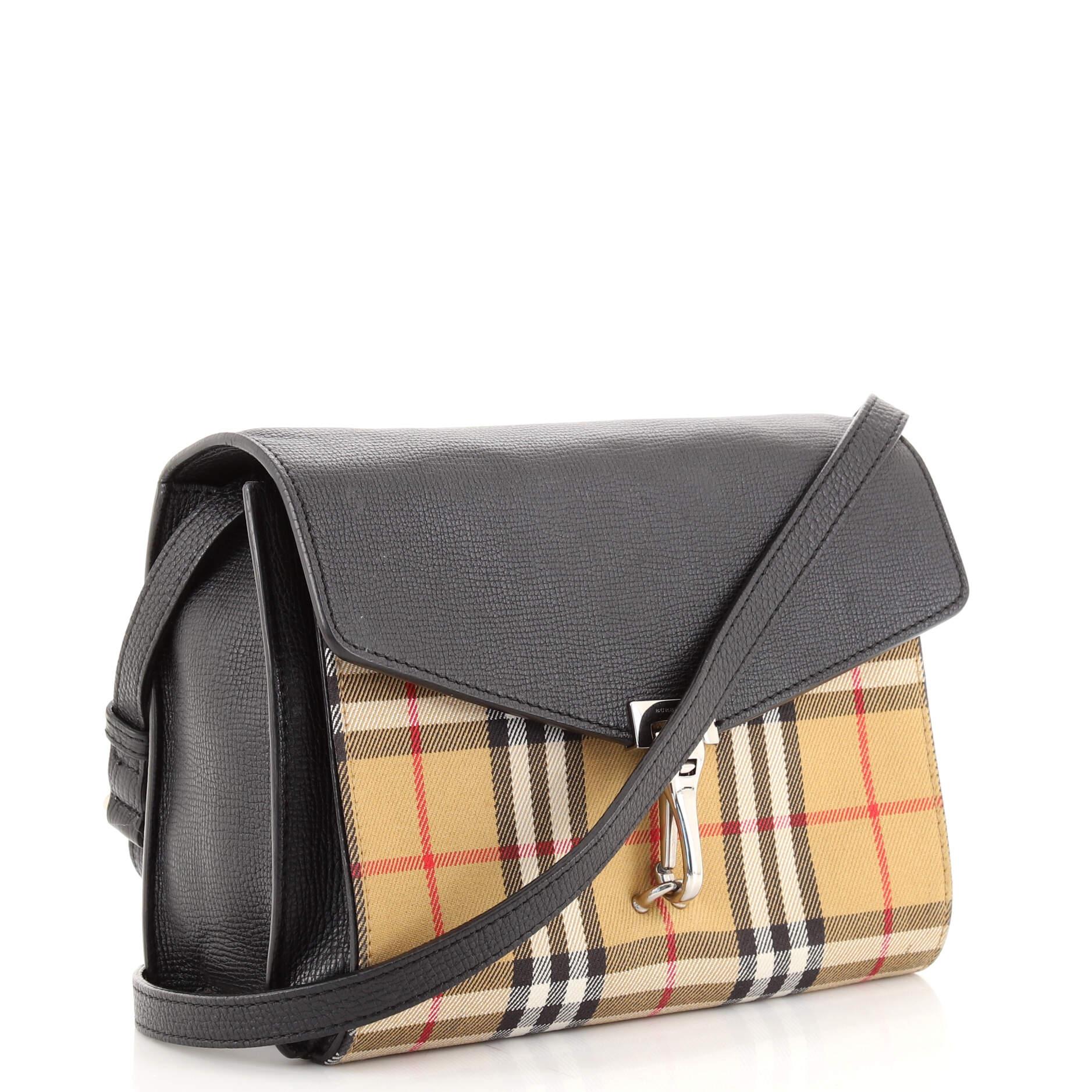 Black Burberry Macken Crossbody Bag Leather and Vintage Check Canvas Small