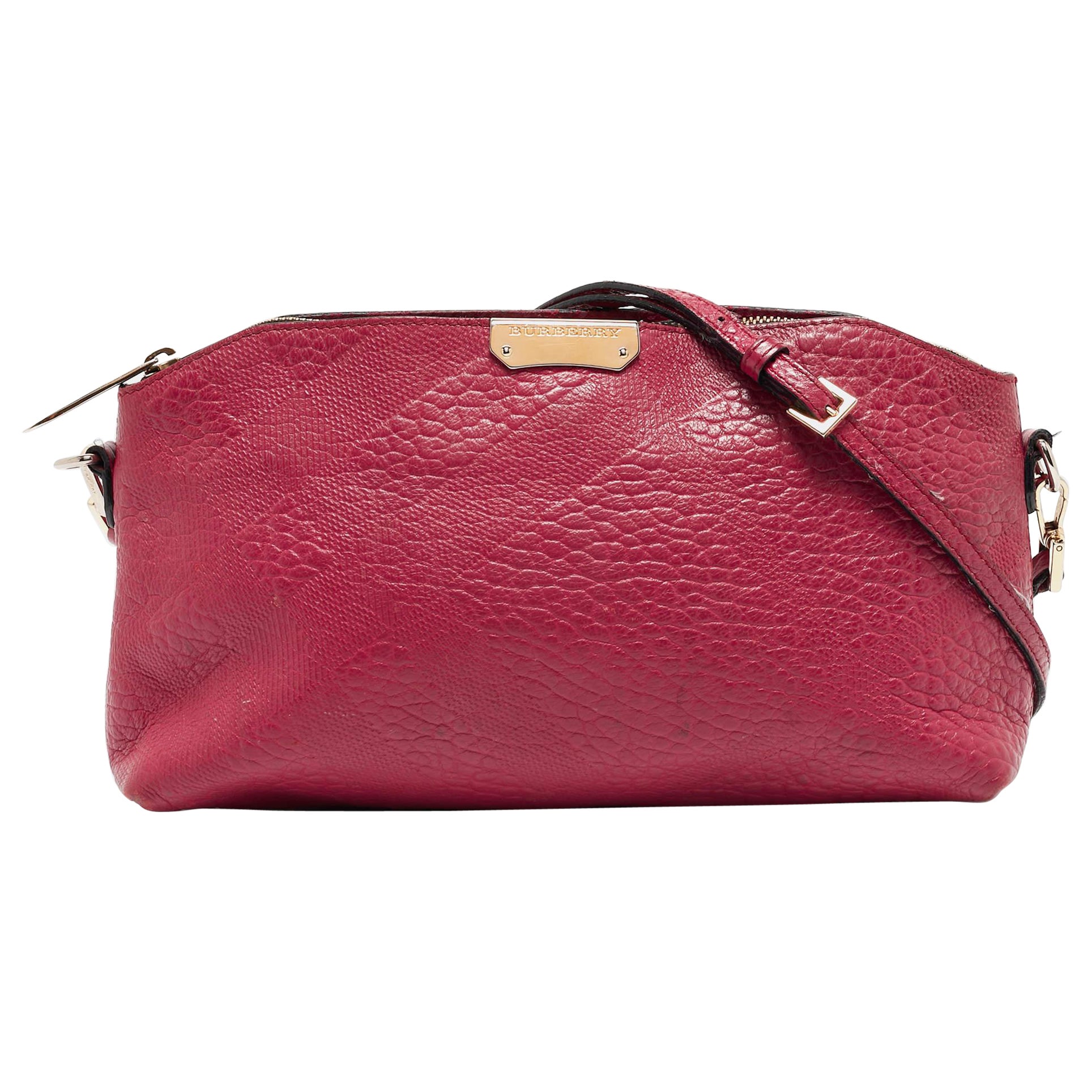 Burberry Magenta Embossed Check Leather Chichester Crossbody Bag