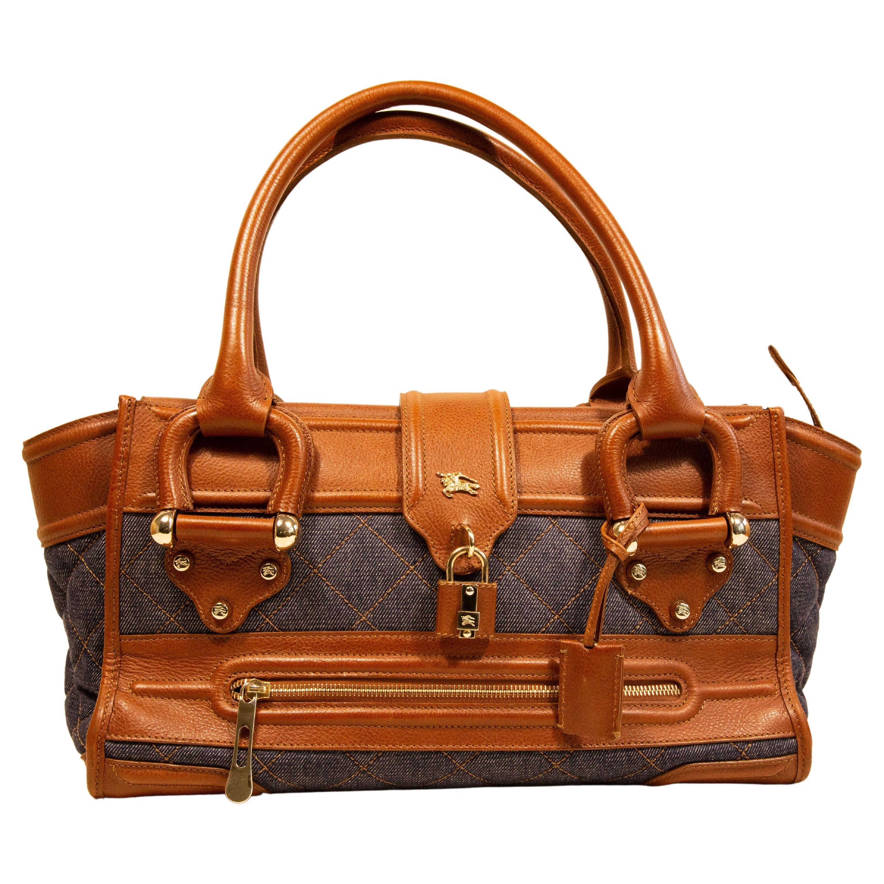 Burberry "Manor" Shoulder Bag Top Handle Bag in Denim and Brown Leather 2010s en vente