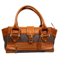 Vintage Burberry "Manor" Shoulder Bag Top Handle Bag in Denim and Brown Leather 2010s