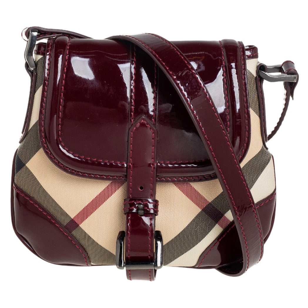 Burberry Maroon/Beige Nova Check Coated Canvas Flap Crossbody Bag
