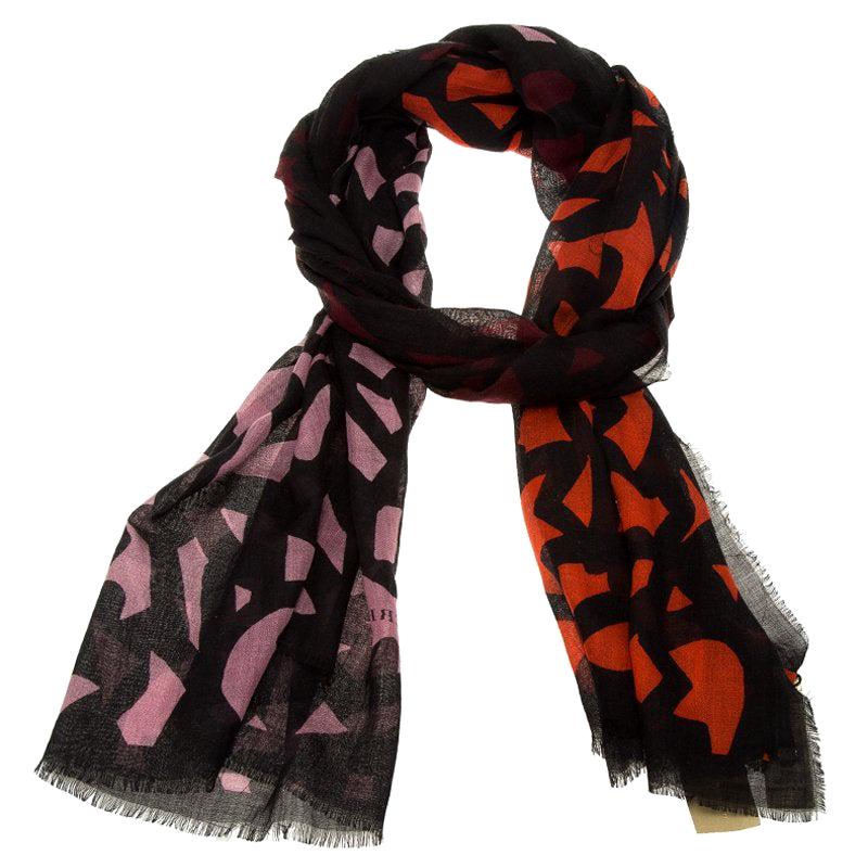 Burberry Maroon & Black Graphic Leaf Print Cashmere and Silk Scarf