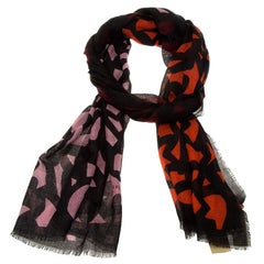Burberry Maroon & Black Graphic Leaf Print Cashmere and Silk Scarf