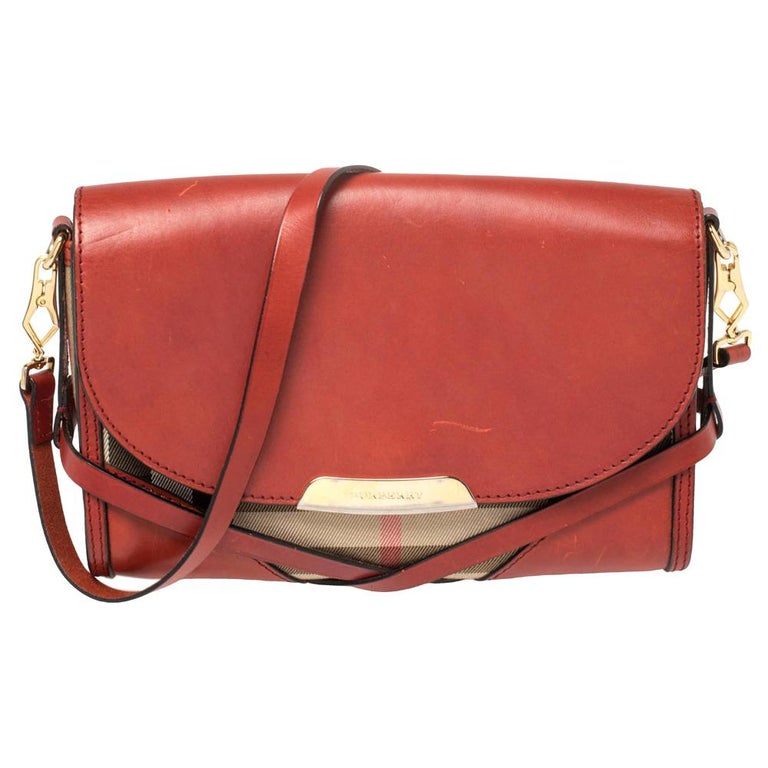 Burberry Maroon House Check Canvas and Leather Abbott Shoulder Bag at ...