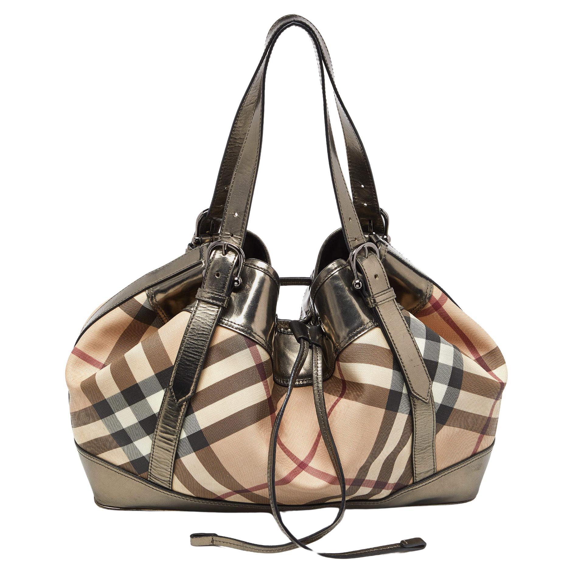 Burberry Metallic/Beige Nova Check Coated Canvas and Patent Leather Beaton  For Sale