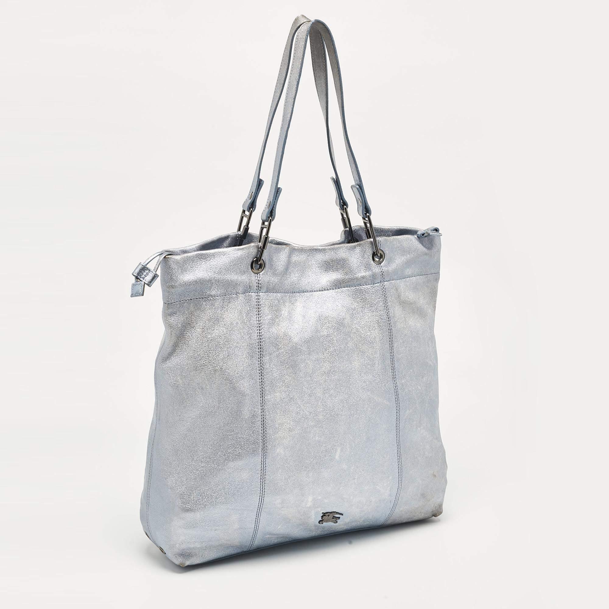 Gray Burberry Metallic Blue Leather Elmgate Tote