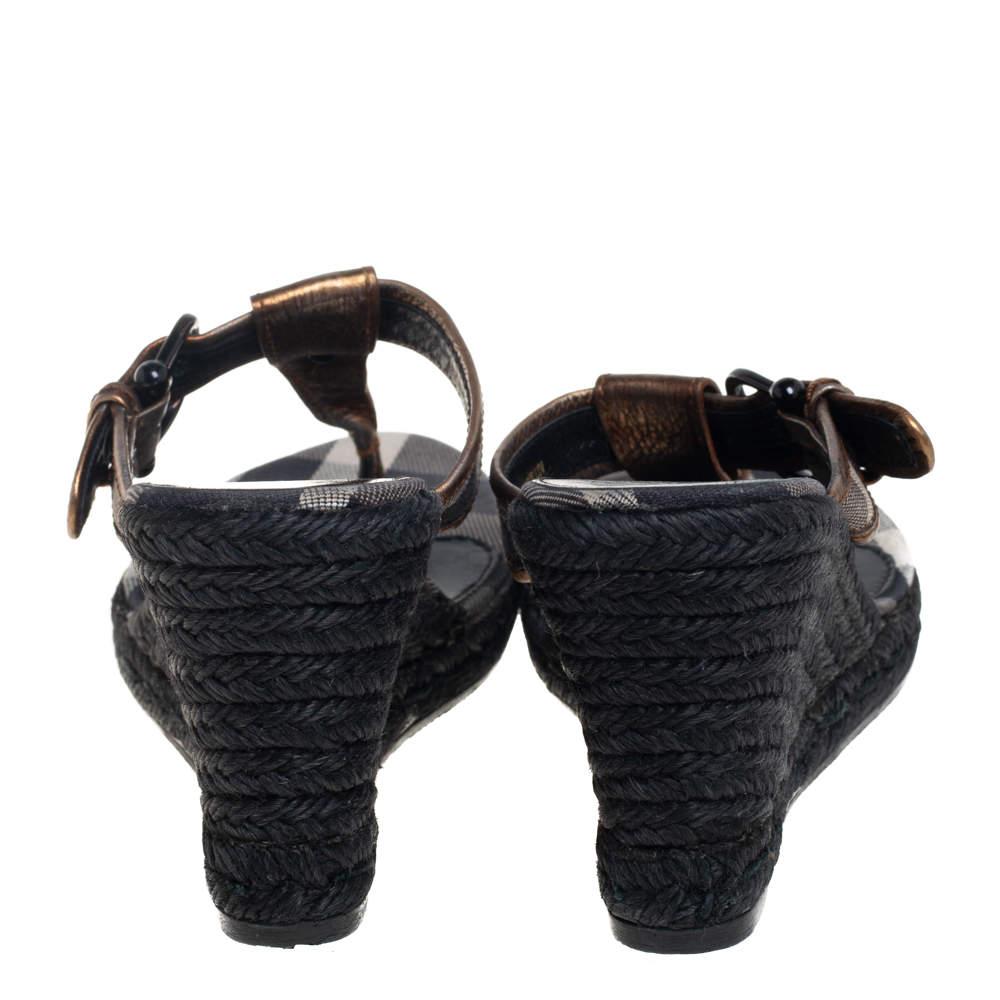 Women's Burberry Metallic Bronze Leather Wedge Espadrille Thong Slide Sandals Size 39