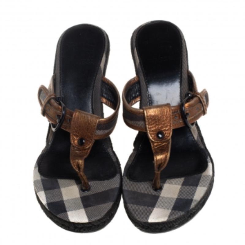 Women's Burberry Metallic Bronze Leather Wedge Espadrille Thong Slide Sandals Size 39 For Sale