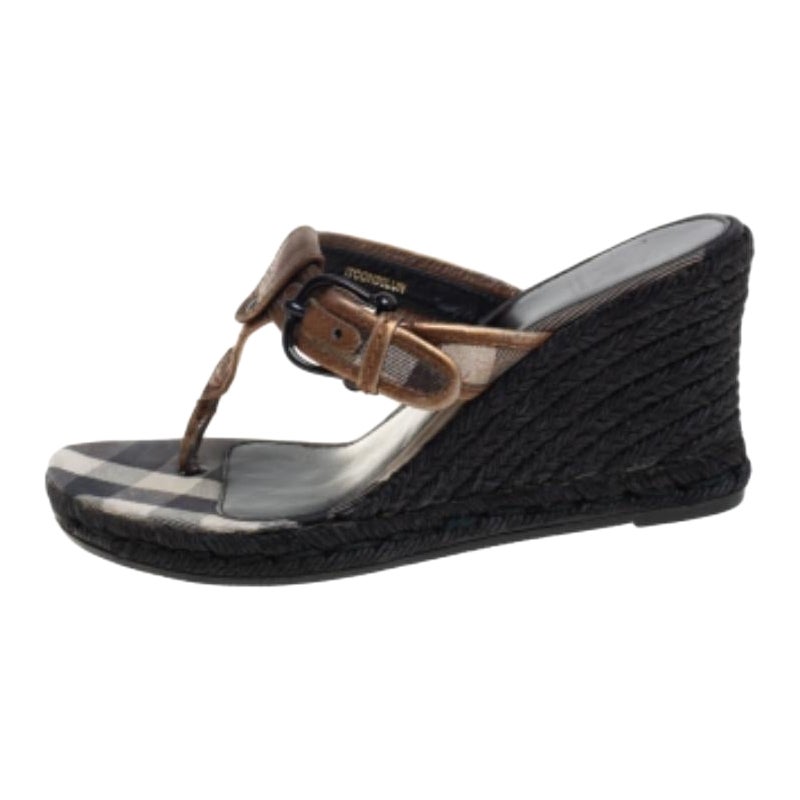 Burberry Metallic Bronze Leather Wedge Espadrille Thong Slide Sandals Size 39