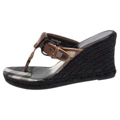 Burberry Metallic Bronze Leather Wedge Espadrille Thong Slide Sandals Size 39