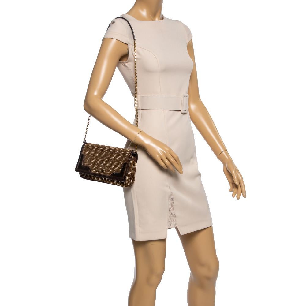 Brown Burberry Metallic Bronze Studded Leather and Suede Flap Shoulder Bag