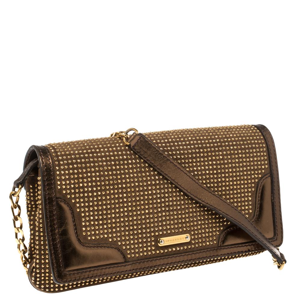 Burberry Metallic Bronze Studded Leather and Suede Flap Shoulder Bag In Fair Condition In Dubai, Al Qouz 2