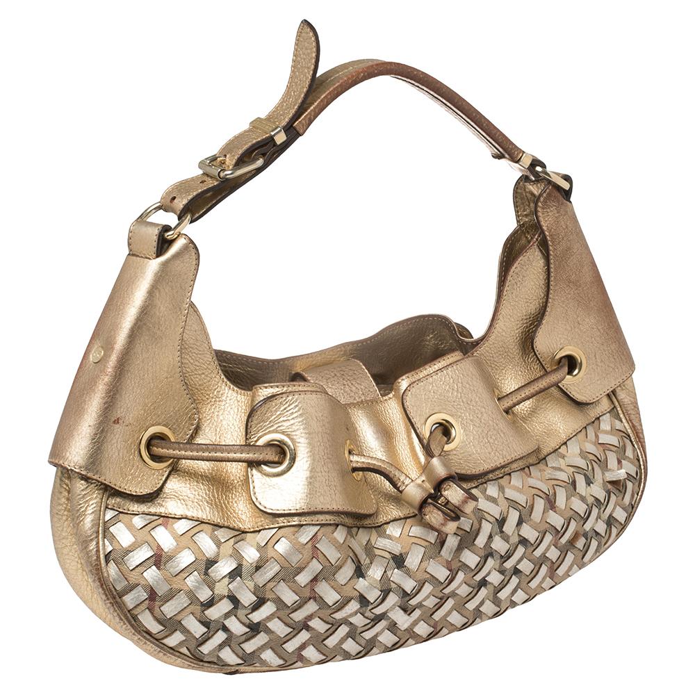Marrone Burberry oro metallizzato/beige, borsa Nova Check intrecciata in PVC e pelle, Hobo Warrior