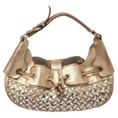 Burberry Metallic Gold /Beige Woven Nova Check PVC and Leather Warrior Hobo