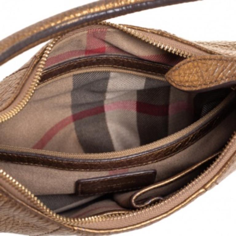 Brown Burberry Metallic Gold Grained Leather Hobo For Sale