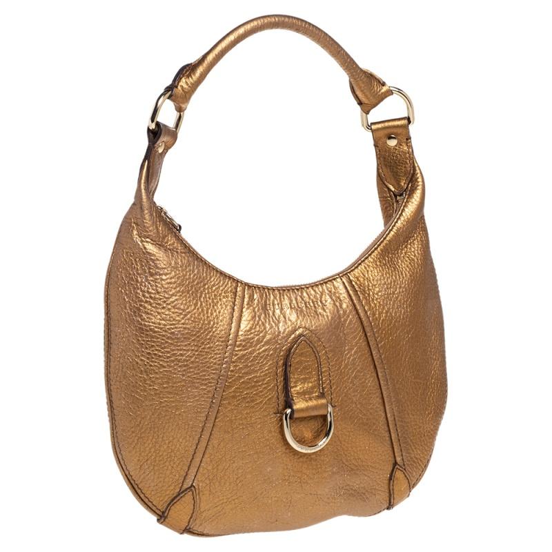 Brown Burberry Metallic Gold Grained Leather Hobo For Sale