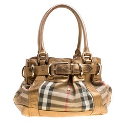 Burberry Metallic Gold Leather and House Check Fabric Bridle Tote
