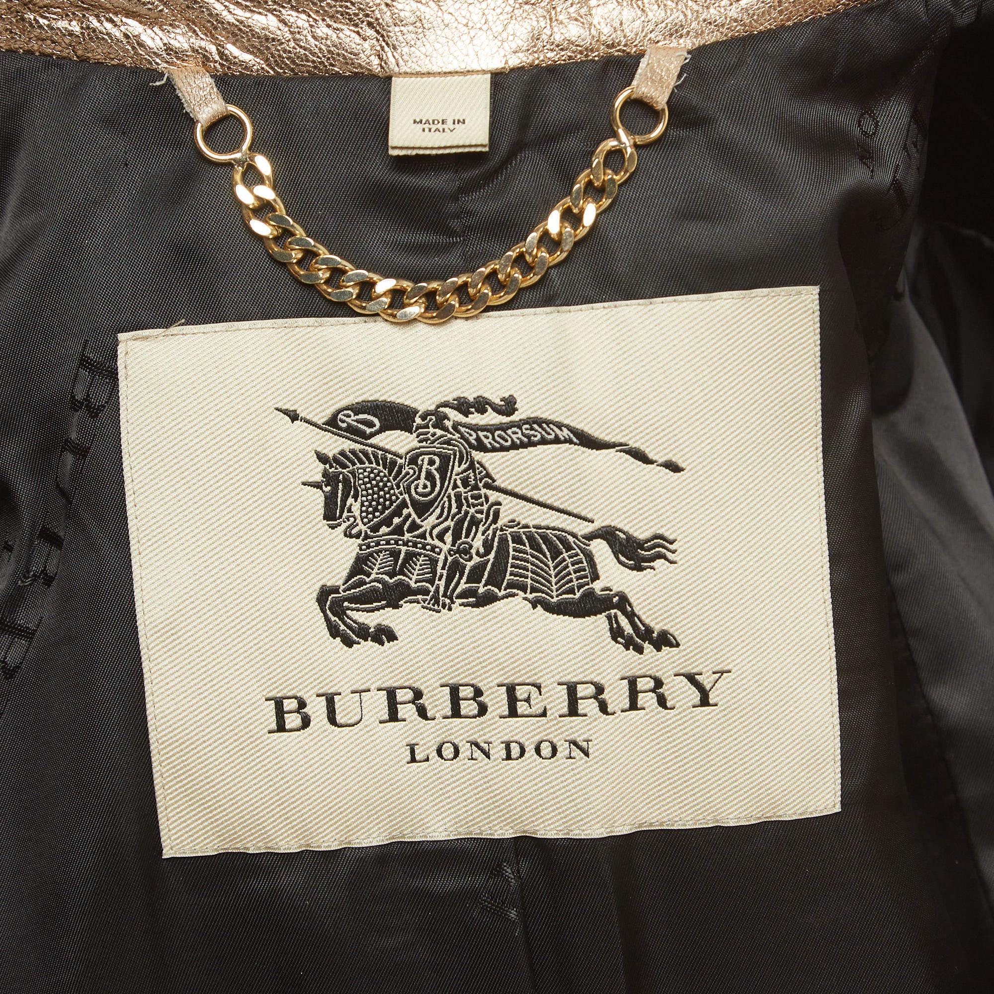  Burberry Trench-coat à double boutonnage en cuir doré métallisé S Pour femmes 