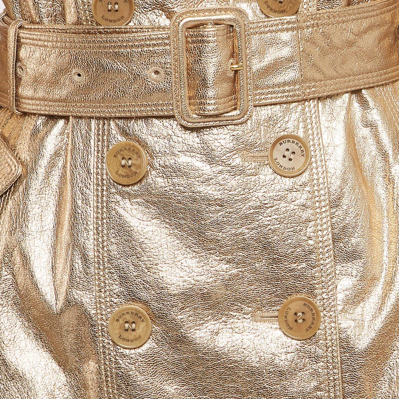 Burberry Trench-coat à double boutonnage en cuir doré métallisé S 1