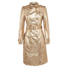 Burberry Metallic Gold Leather Double Breasted Belted Trench Coat S