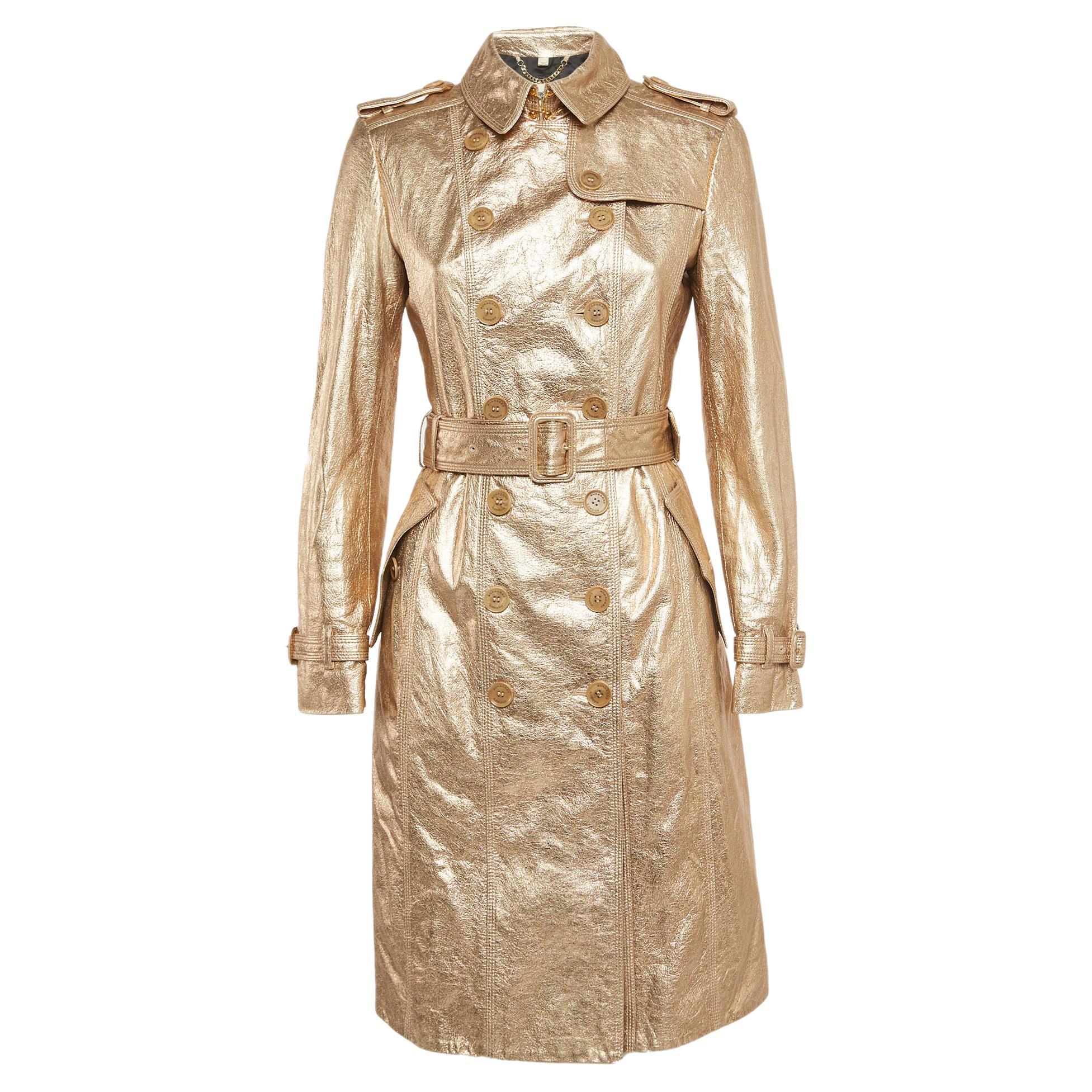 Burberry Metallic Gold Leather Double Breasted Belted Trench Coat S