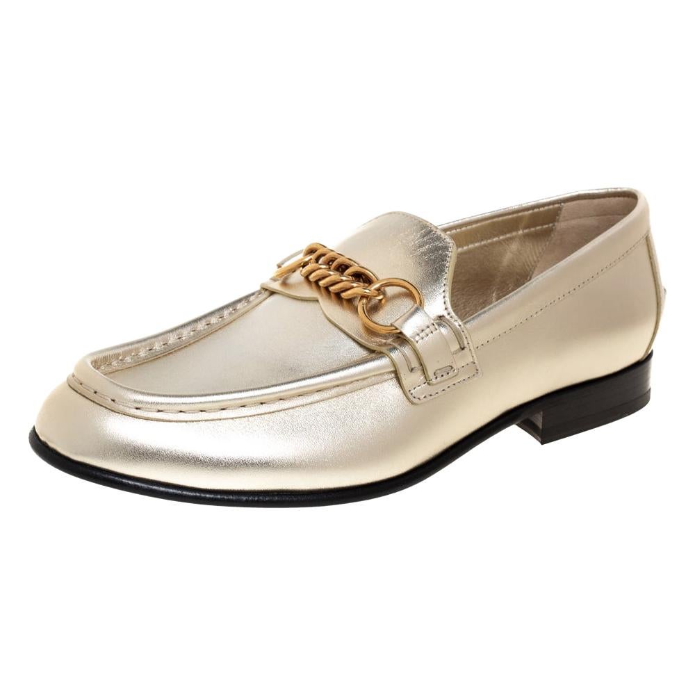  Burberry Metallic Gold Leather Solway Chain Detail Slip On Loafers Size 40