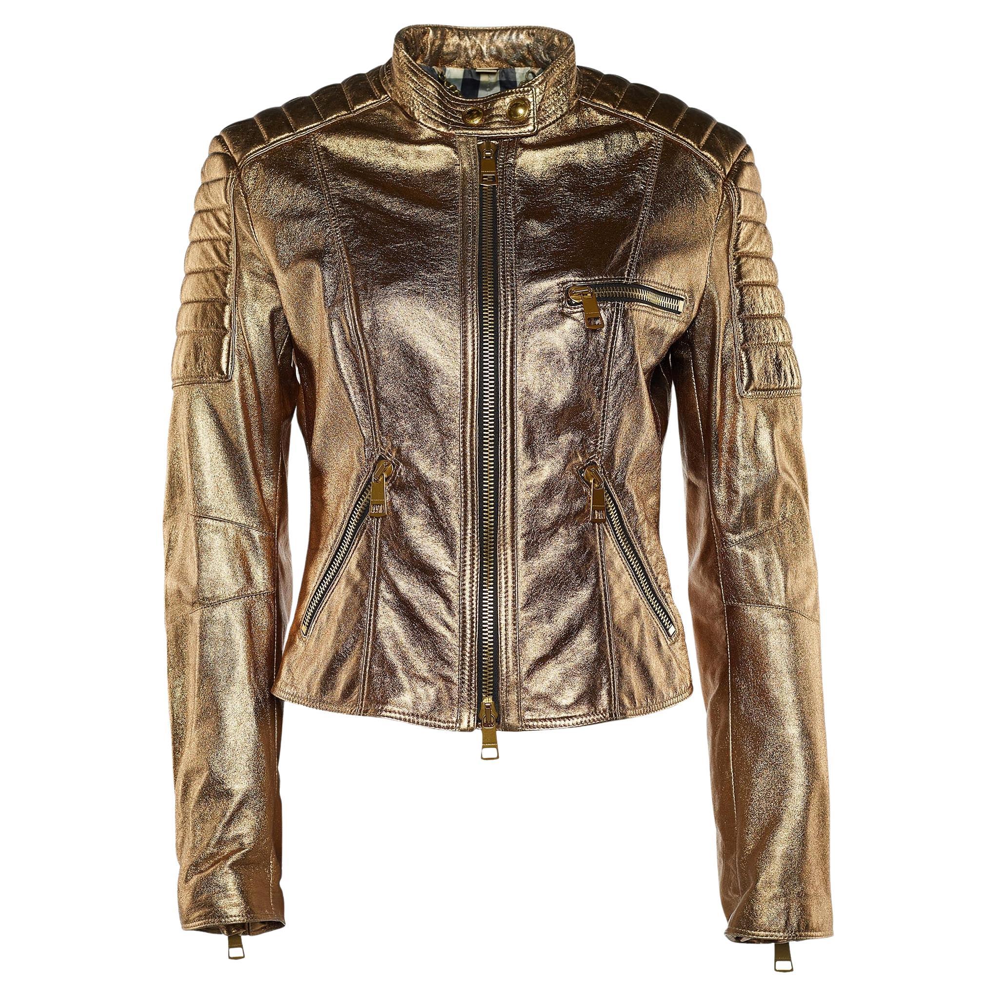 Burberry Metallic Gold Leather Zip Front Jacket M