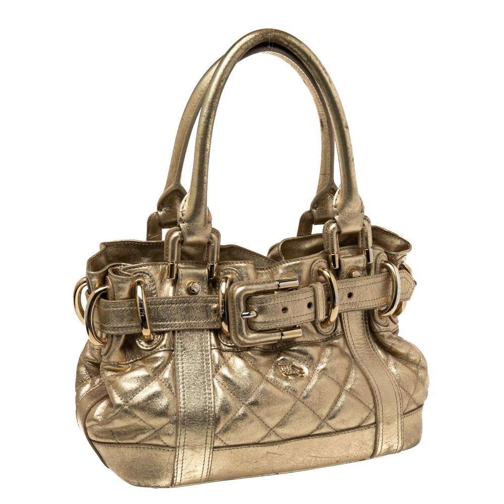 Brown Burberry Metallic Gold Quilted Patent Leather Beaton Tote For Sale