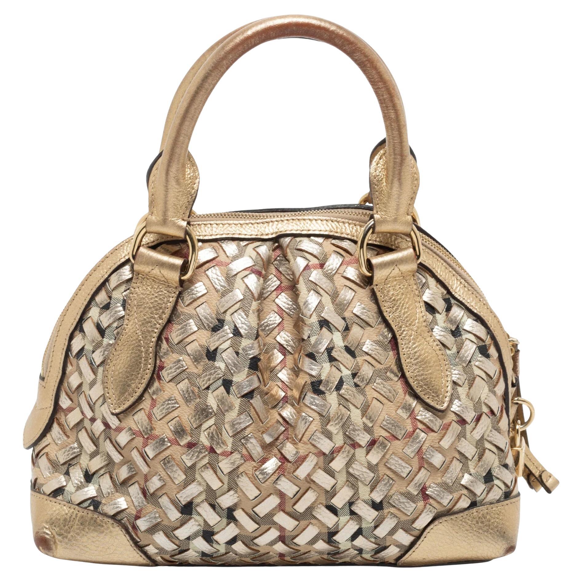 Burberry Metallic Gold Woven Haymarket Check Small Thornley Bag For Sale