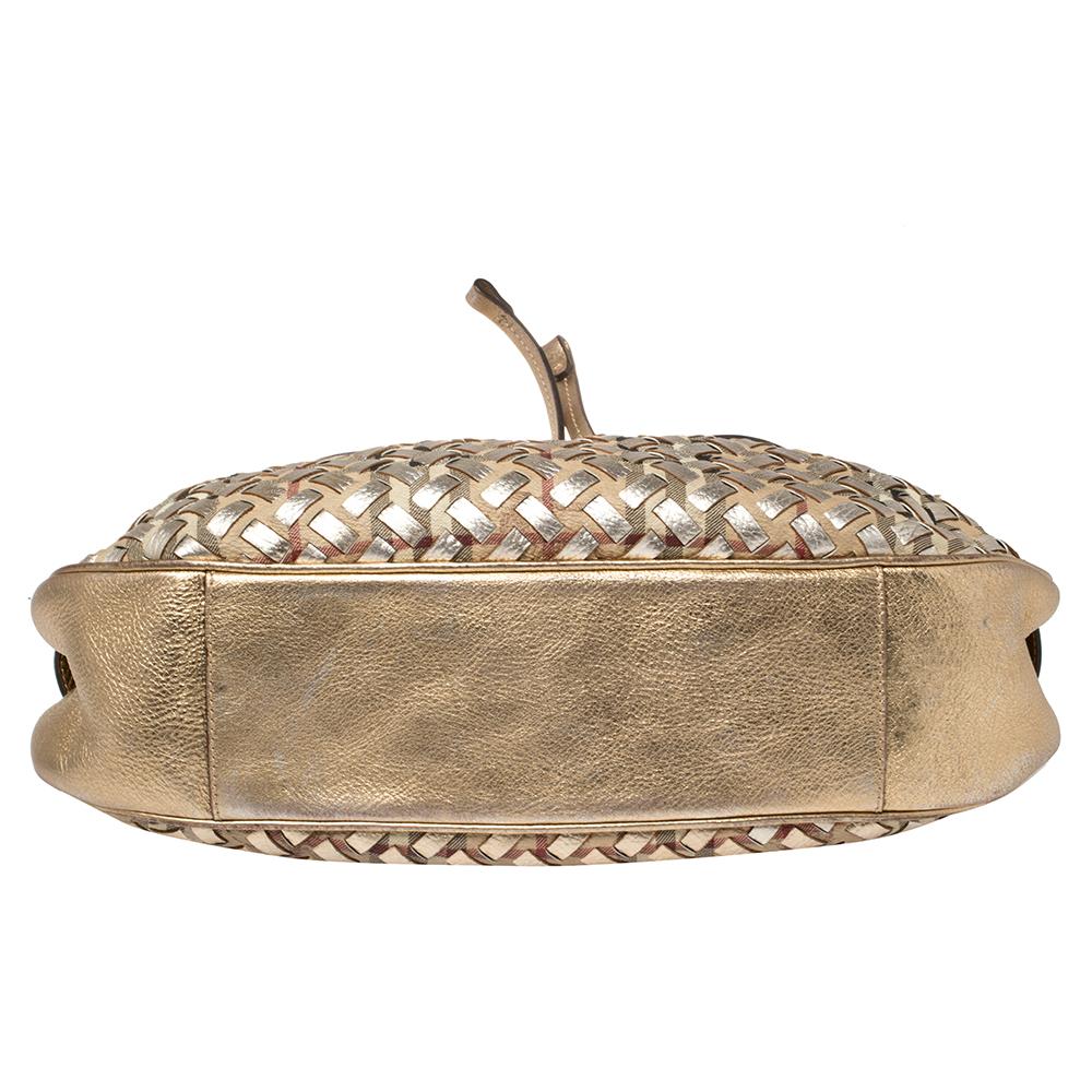 Burberry Metallic Gold gewebt Haus Karo PVC und Leder Krieger Hobo Damen
