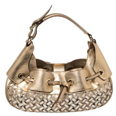 Burberry Metallic Gold Woven House Check PVC and Leather Warrior Hobo