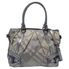 Burberry Metallic Grey/Beige Check Fabric And Leather Pilgrim Tote