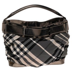 Burberry Metallic Grey Leather And Beat Check Nylon Shoulder Bag