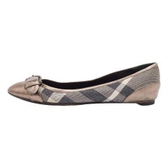 Burberry Metallic Grey Leather Glitter Nova Check Canvas Ballet Flats Size 38