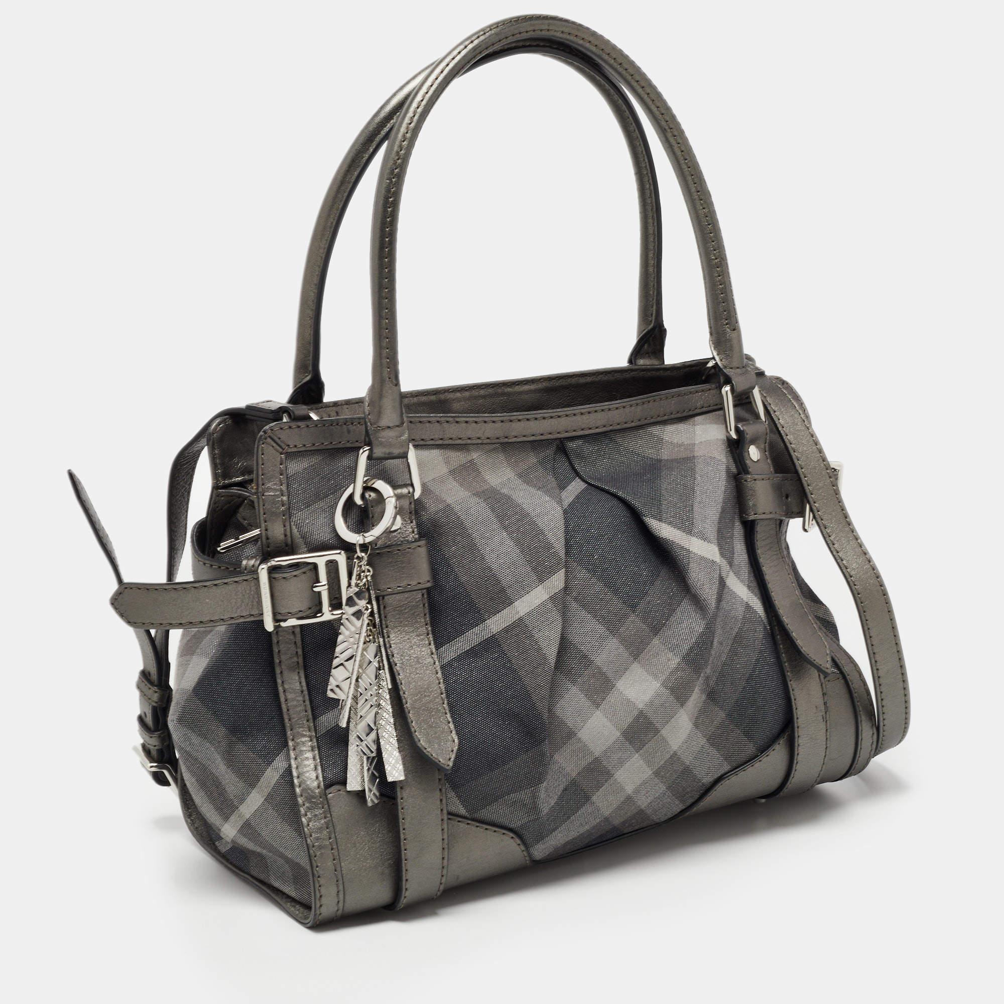 Women's Burberry Metallic Grey Shimmer Beat Check Canvas and Leather Lowry Tote