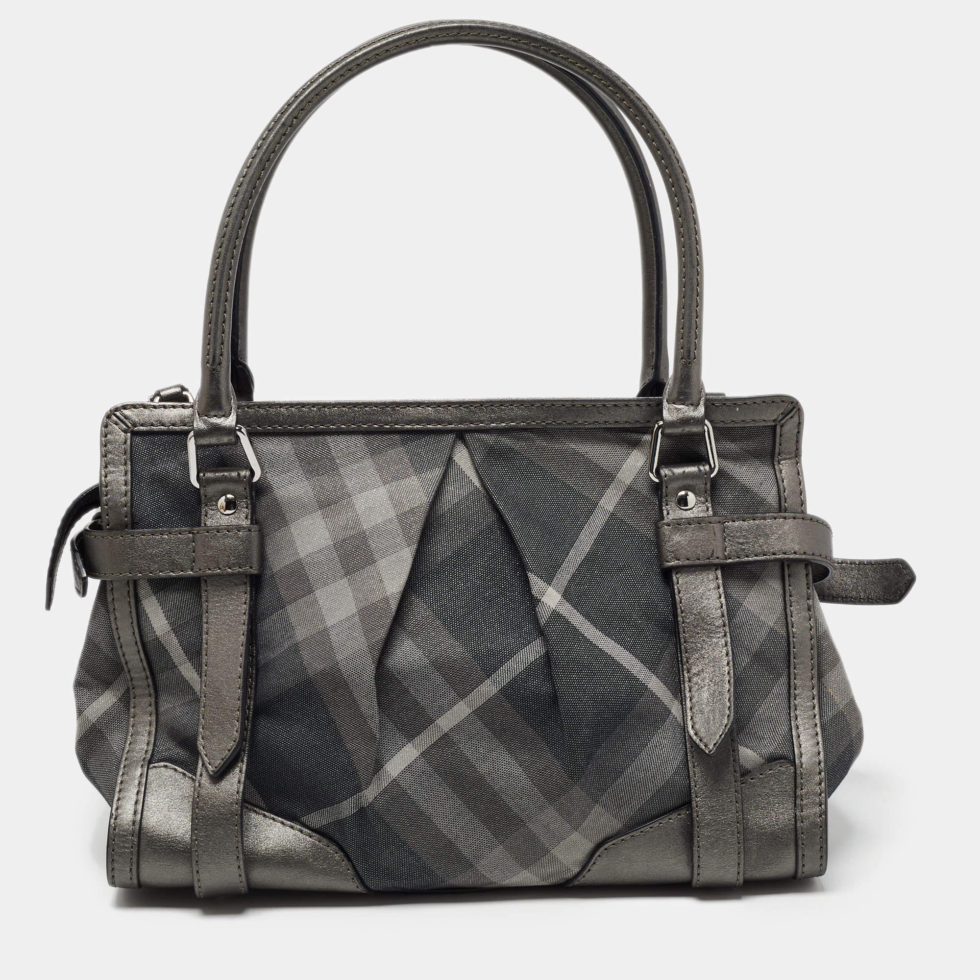 Burberry Metallic Grey Shimmer Beat Check Canvas and Leather Lowry Tote 2