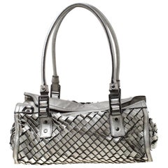 Burberry Metallic Grey Woven Leather Satchel