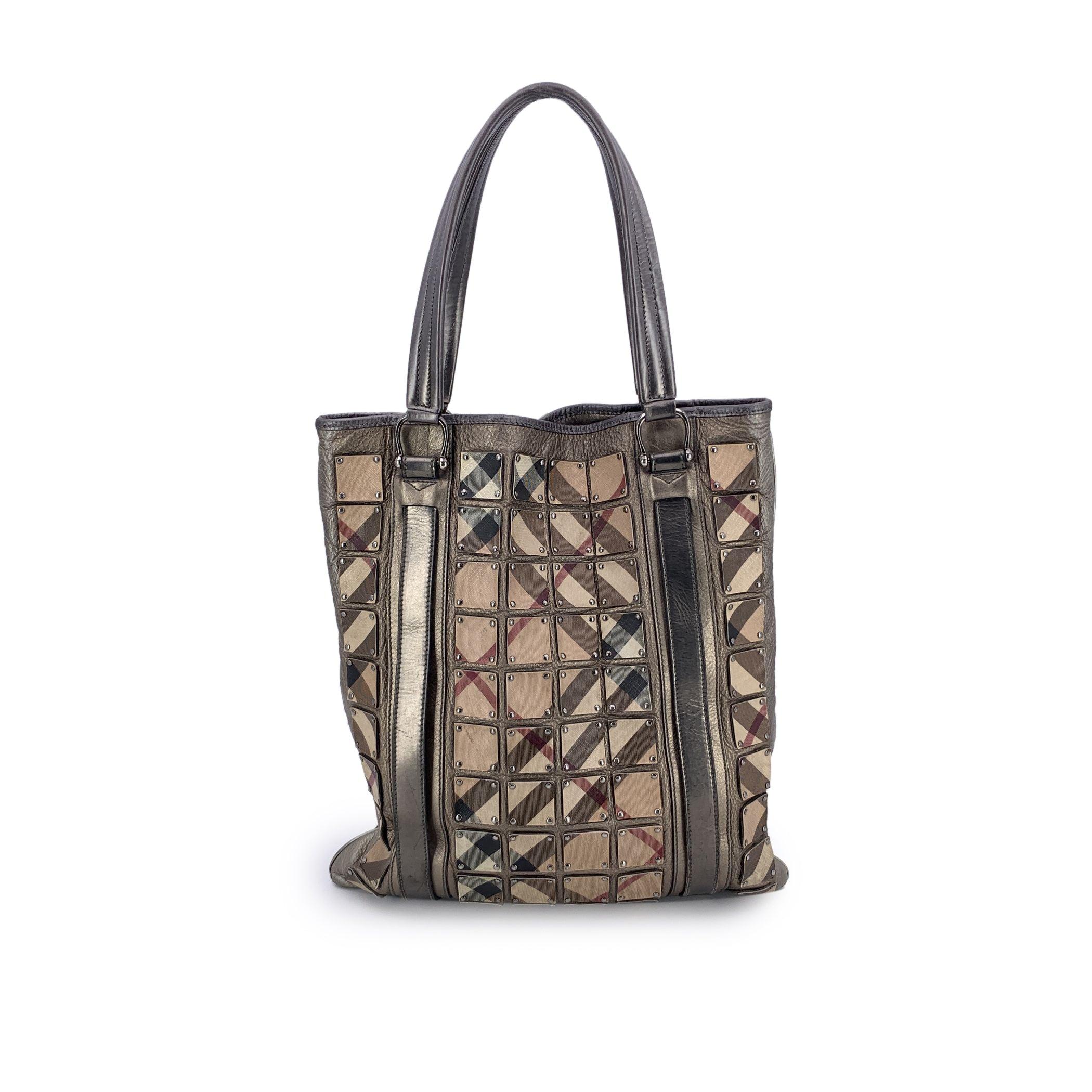 Gray Burberry Metallic Leather Nova Check Canvas Brooke Warrior Tote Bag For Sale