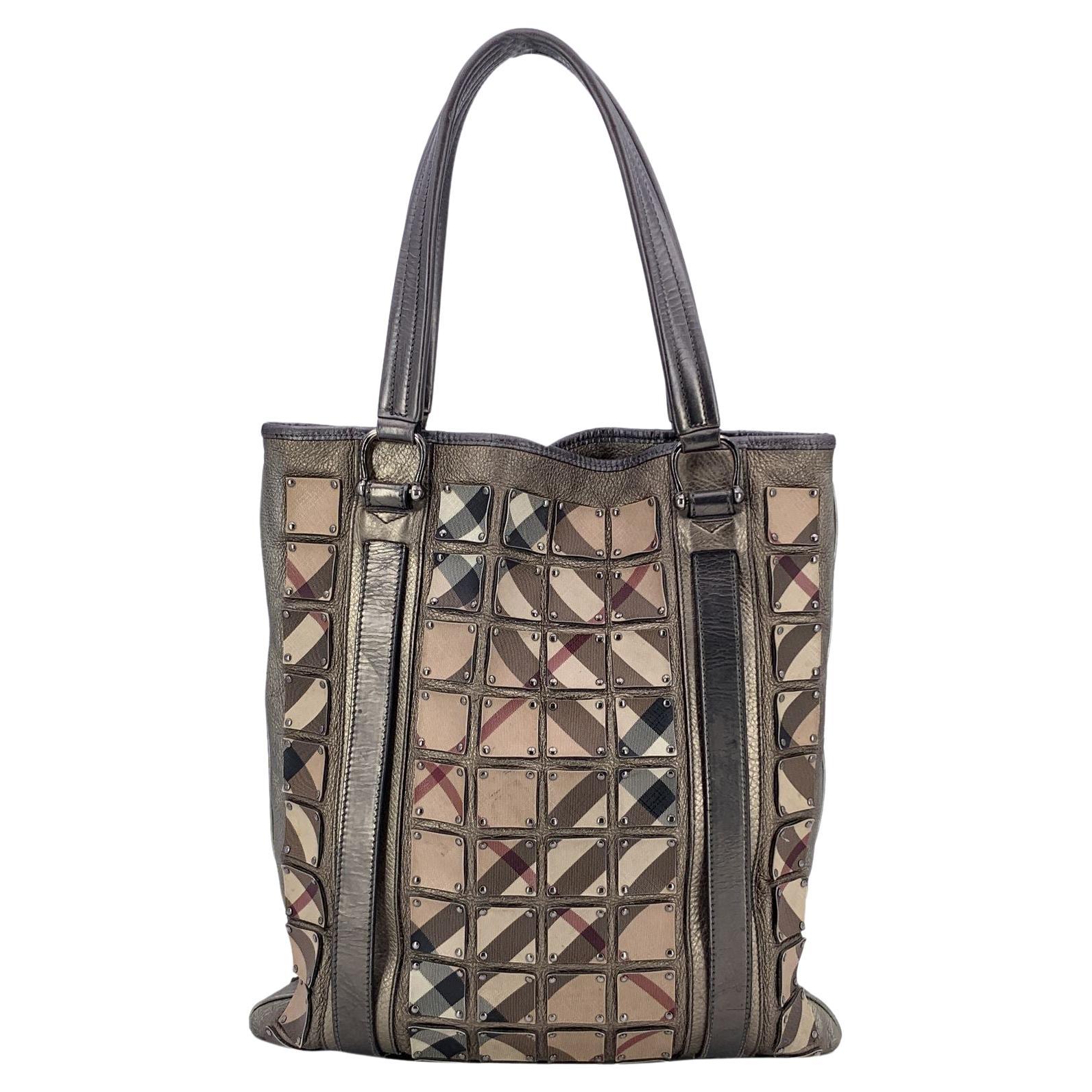 Burberry Metallic Leather Nova Check Canvas Brooke Warrior Tote Bag For Sale