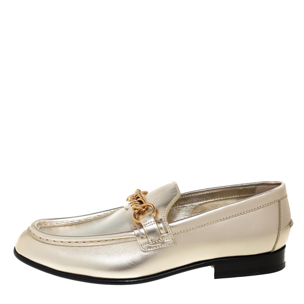 Burberry Metallic Light Gold Leather Solway Chain Detail Slip On Loafers Size 37 1