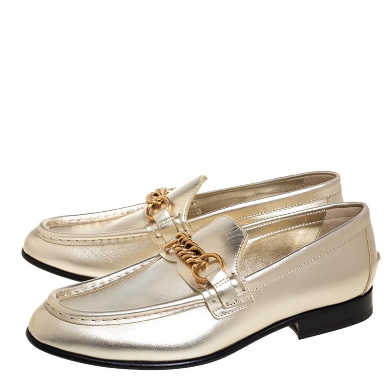Burberry Metallic Light Gold Solway Chain Detail Slip On Loafers Size 37.5  For Sale at 1stDibs