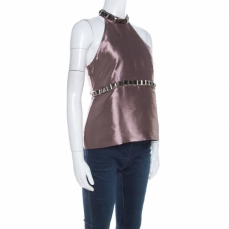 Burberry Top S con cuello halter y tachuelas en mezcla de seda púrpura metalizado en venta 2
