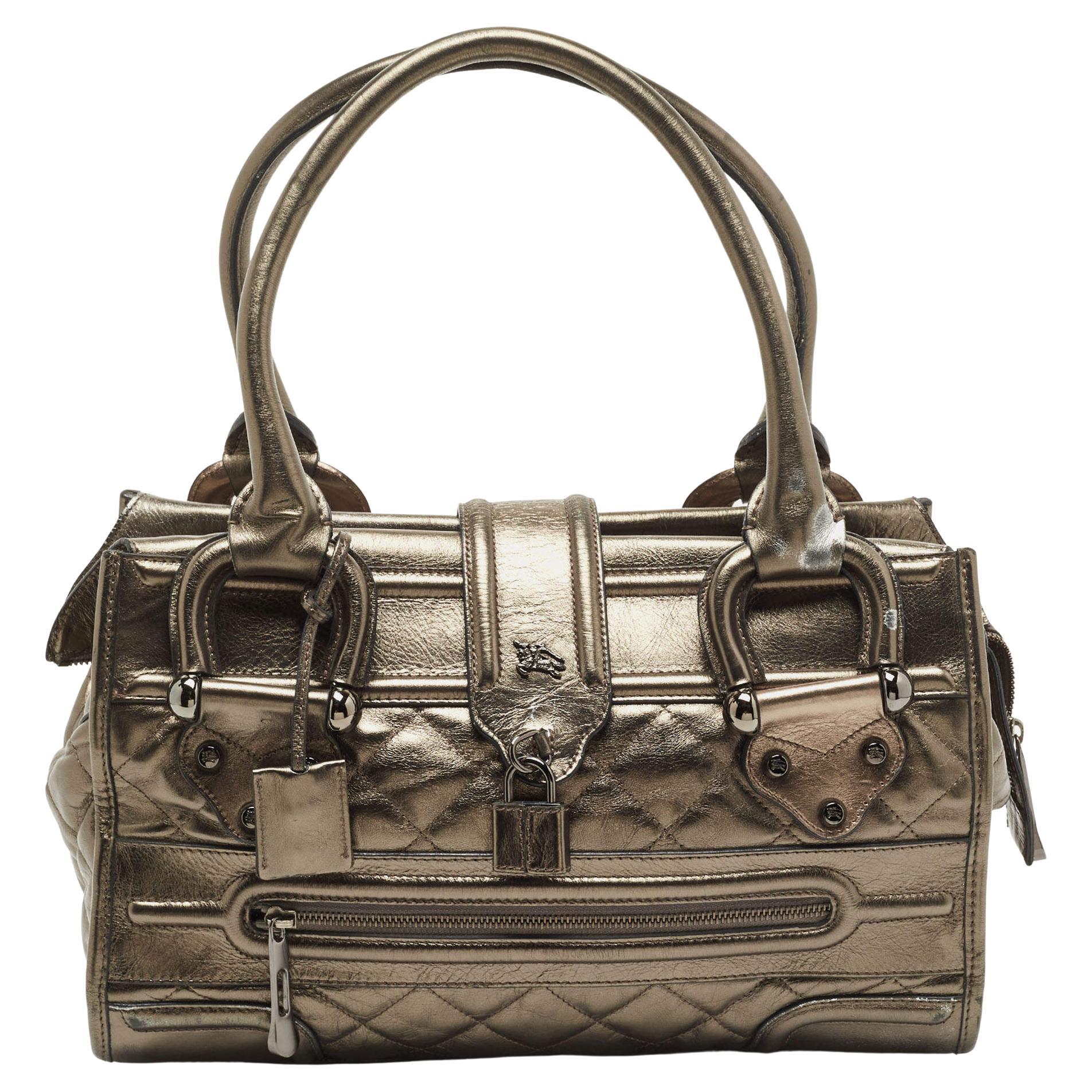 Burberry Metallic Quilted Leather Manor Satchel For Sale