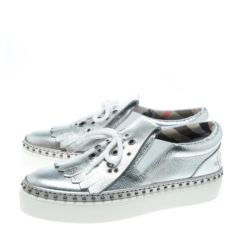 Burberry Metallic Silver Kiltie Fringe Detail Slip On Sneakers Size 40 2