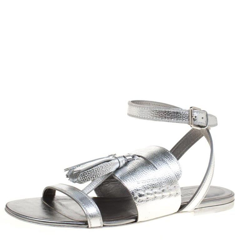 Burberry Metallic Silver Leather Bethany Tassel Detail Flat Sandals ...