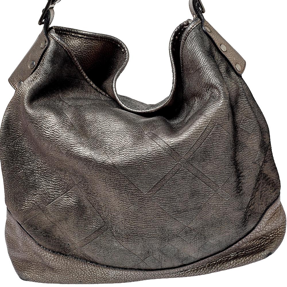 Black Burberry Metallic Silver Leather Large Hobo For Sale