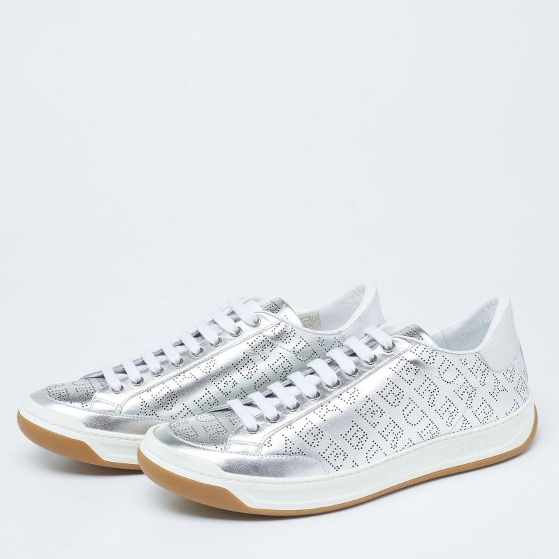Burberry Metallic Silver Perforated Leather Timsbury Low Top Sneakers Size 42 In New Condition In Dubai, Al Qouz 2