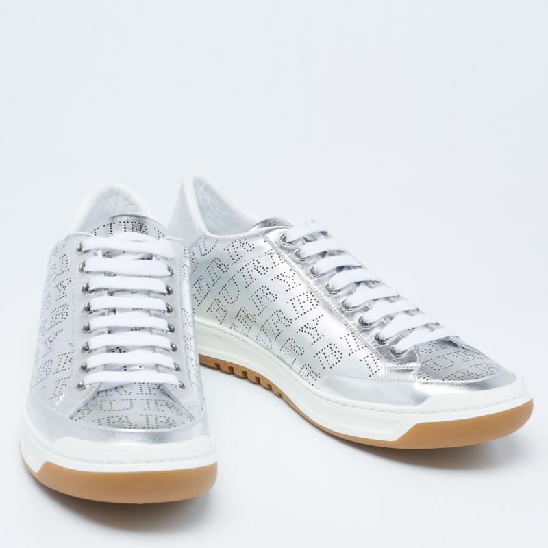 Women's Burberry Metallic Silver Perforated Leather Timsbury Low Top Sneakers Size 42