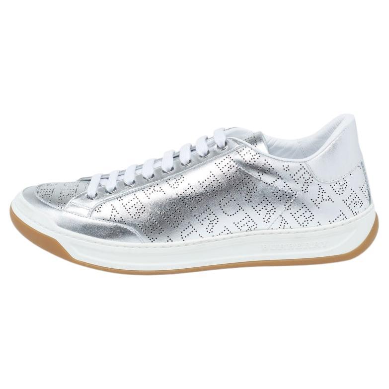 Burberry Metallic Silver Perforated Leather Timsbury Low Top Sneakers Size  42