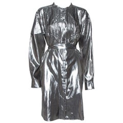 Burberry Metallic Silver Silk Lamé Belted Shirt Dress L